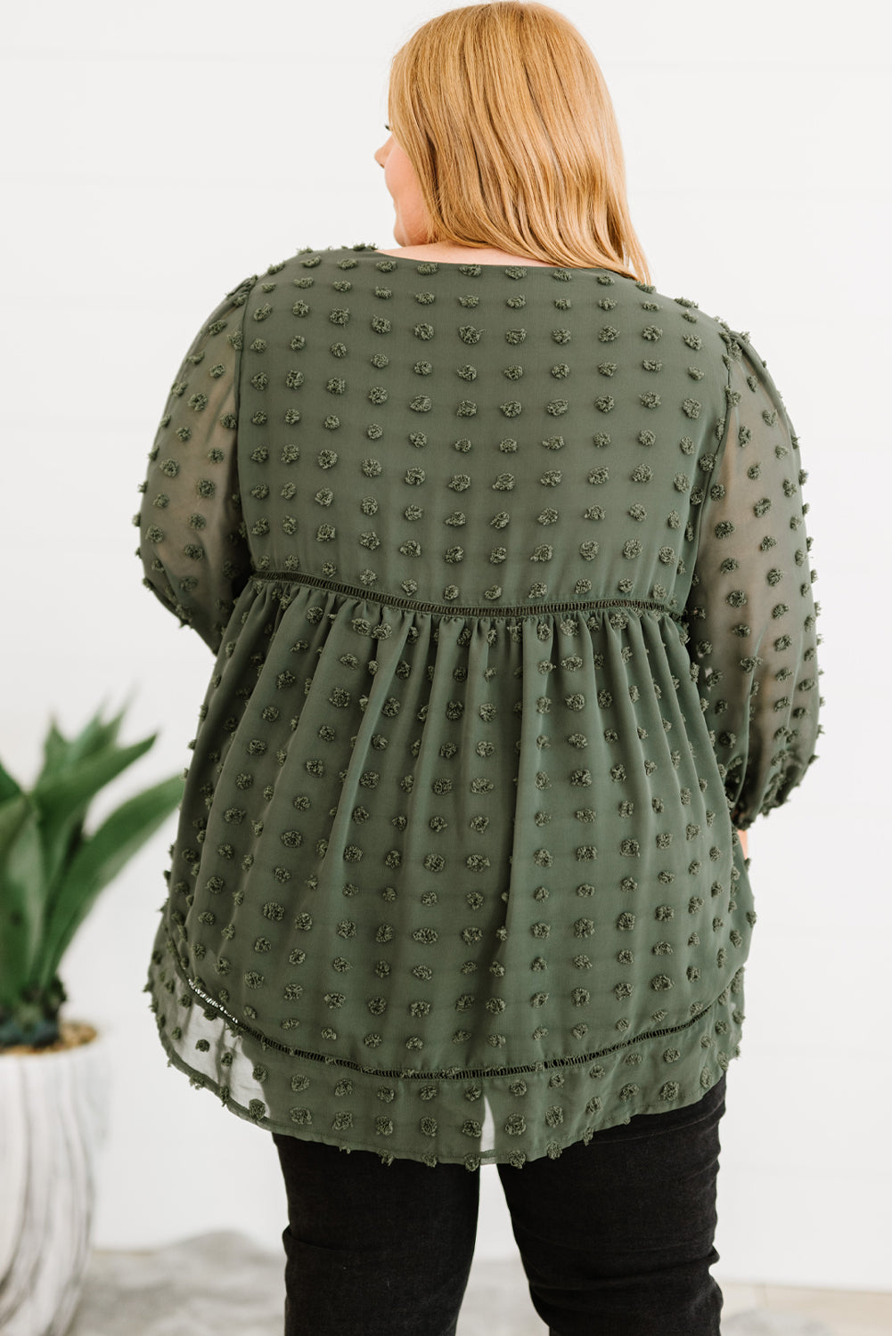 Green Boho V Neck Swiss Dot Bishop Sleeve Plus Size Blouse-1