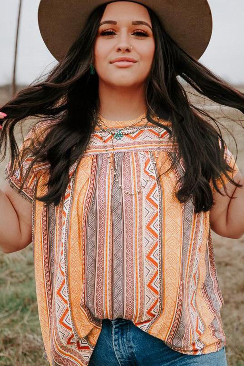 Multicolor Tribal Geometric Print Plus Size Short Sleeve Top-10