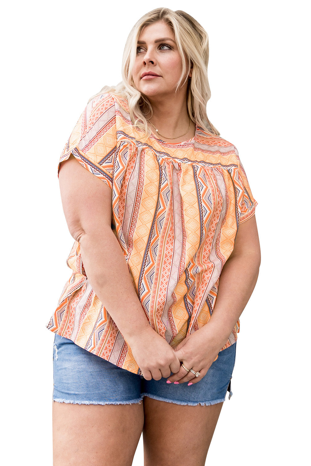 Multicolor Tribal Geometric Print Plus Size Short Sleeve Top-11