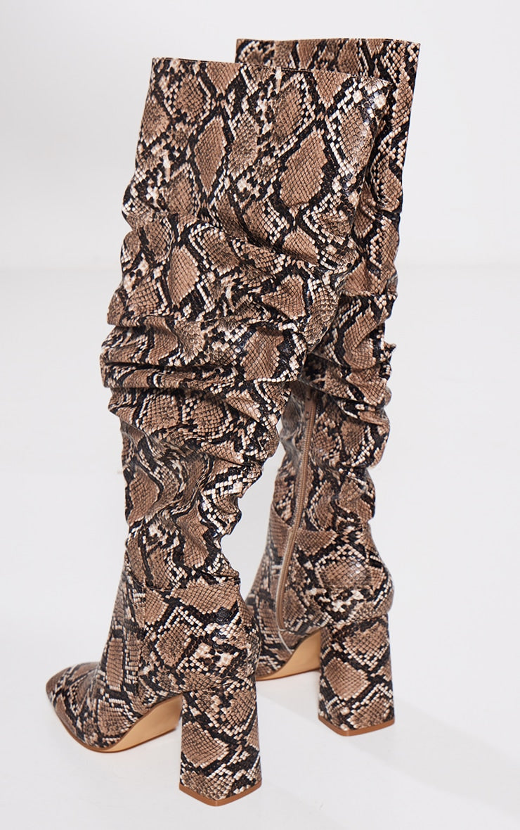 Snake Print PU Square Toe Ruched Knee High Boots