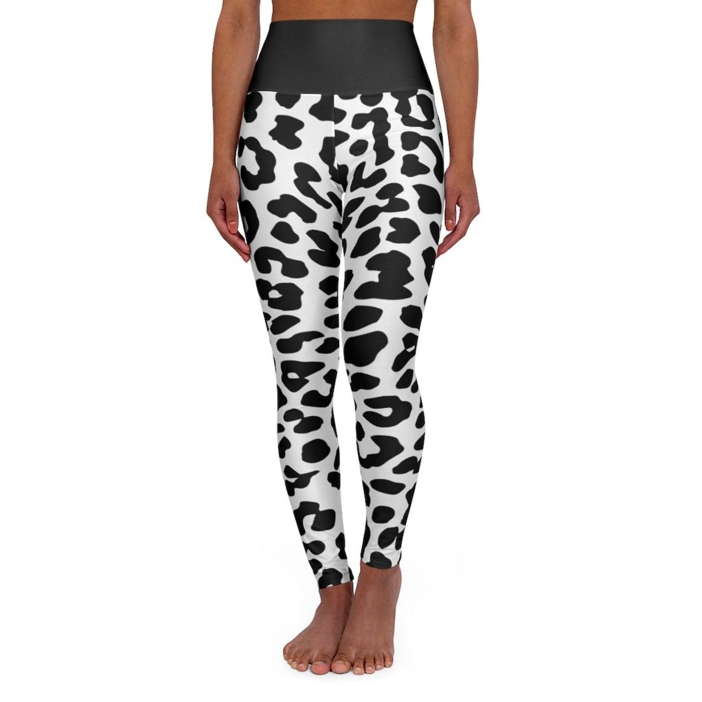 High Waisted Yoga Leggings, Black And White Two-Tone Leopard Style Pants-7