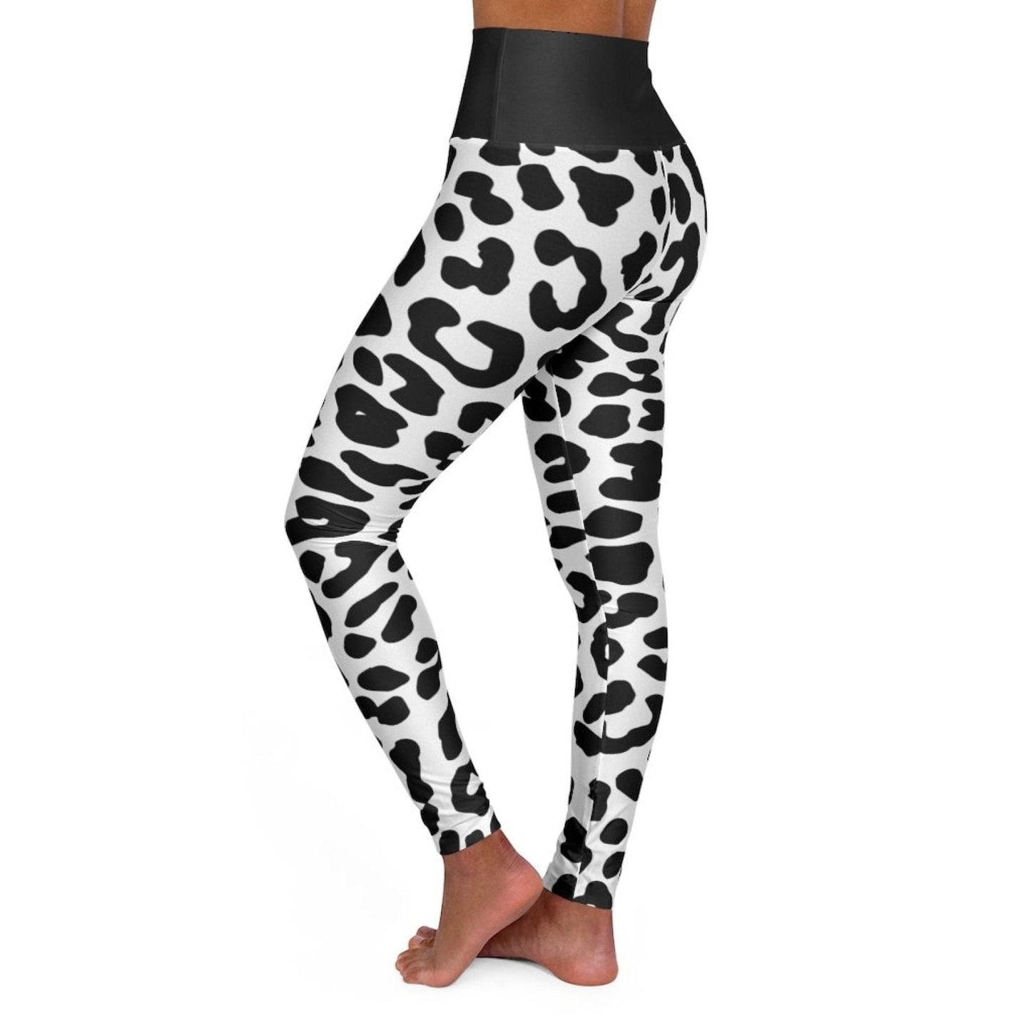 High Waisted Yoga Leggings, Black And White Two-Tone Leopard Style Pants-9