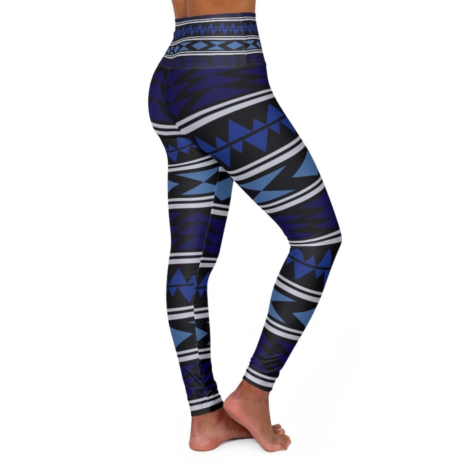 High Waisted Yoga Pants, Dark Blue Bohemian Style Sports Pants-0