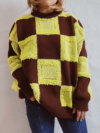 Lässiger Pullover mit Rundhalsausschnitt und langen Ärmeln im Checkerboard-Colorblock-Design 