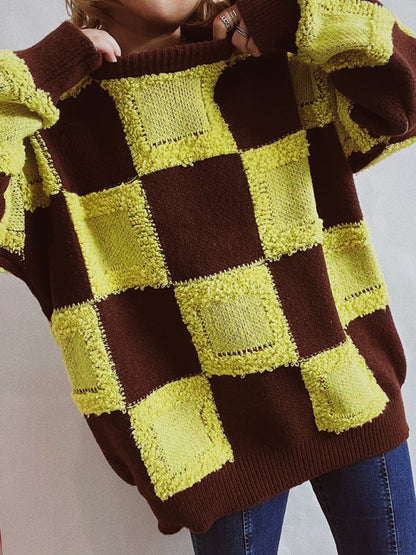 Lässiger Pullover mit Rundhalsausschnitt und langen Ärmeln im Checkerboard-Colorblock-Design 