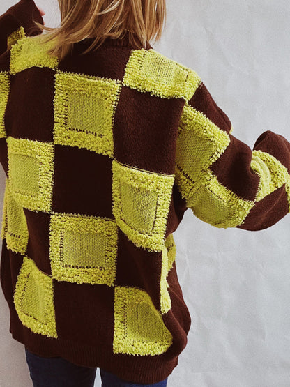 Lässiger Pullover mit Rundhalsausschnitt und langen Ärmeln im Checkerboard-Colorblock-Design 
