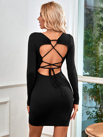 Gestricktes Kleid für Damen mit quadratischem Ausschnitt, sexy, rückenfreiem Kleid mit Krawatte und langen Ärmeln 