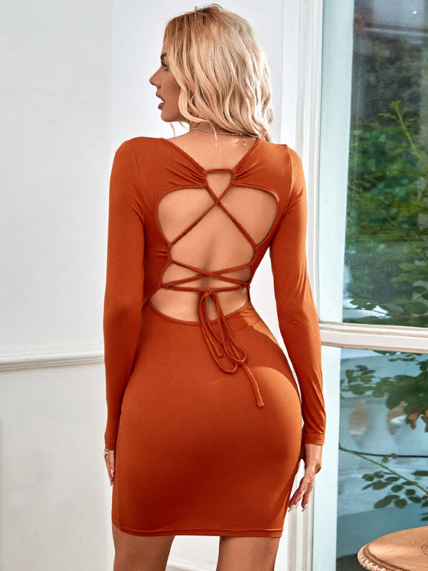 Gestricktes Kleid für Damen mit quadratischem Ausschnitt, sexy, rückenfreiem Kleid mit Krawatte und langen Ärmeln 