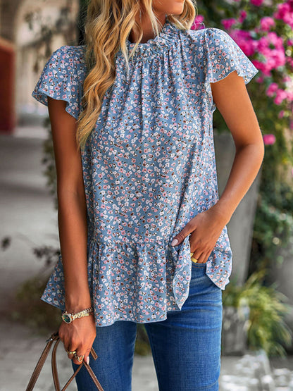 Neue Rollkragenbluse mit Blumendruck für den Sommer, lockerer Urlaubsstil 