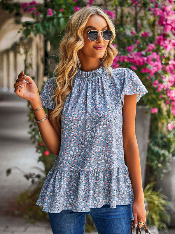 Neue Rollkragenbluse mit Blumendruck für den Sommer, lockerer Urlaubsstil 