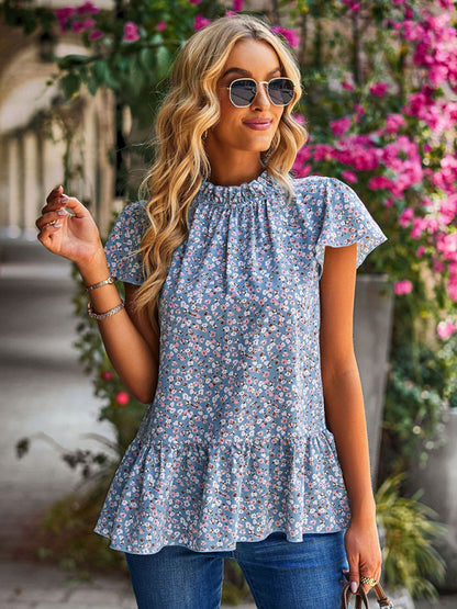 Neue Rollkragenbluse mit Blumendruck für den Sommer, lockerer Urlaubsstil 