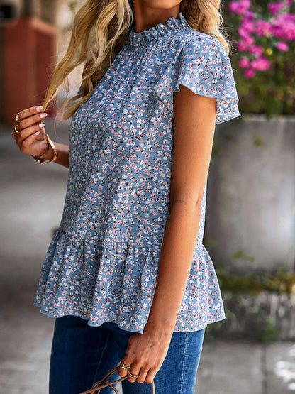 Neue Rollkragenbluse mit Blumendruck für den Sommer, lockerer Urlaubsstil 