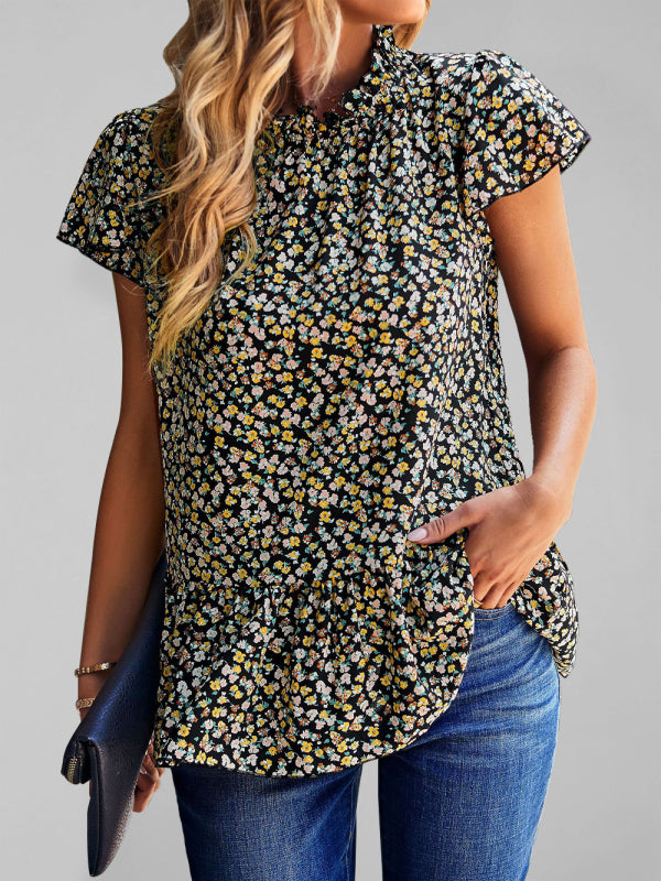Neue Rollkragenbluse mit Blumendruck für den Sommer, lockerer Urlaubsstil 