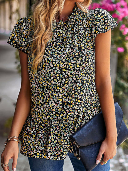 Neue Rollkragenbluse mit Blumendruck für den Sommer, lockerer Urlaubsstil 
