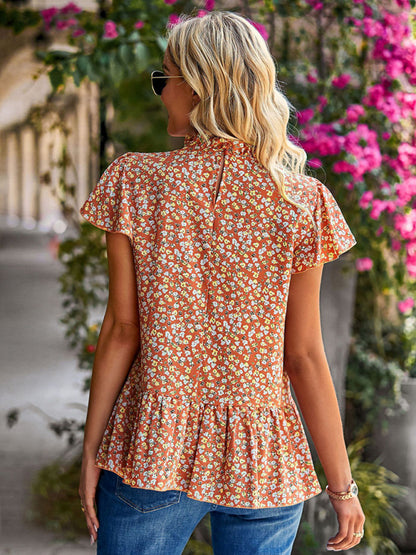 Neue Rollkragenbluse mit Blumendruck für den Sommer, lockerer Urlaubsstil 