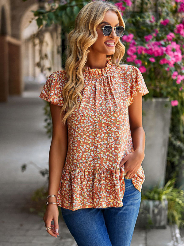 Neue Rollkragenbluse mit Blumendruck für den Sommer, lockerer Urlaubsstil 