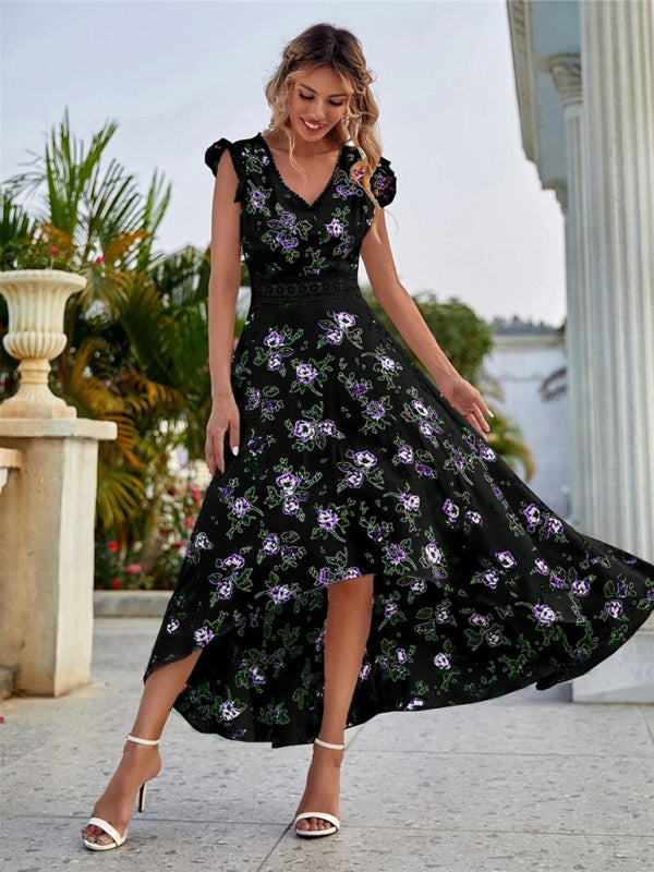Damen Chiffonkleid mit Blumendruck, V-Ausschnitt, Flatterärmeln und High-Low-Ausschnitt 