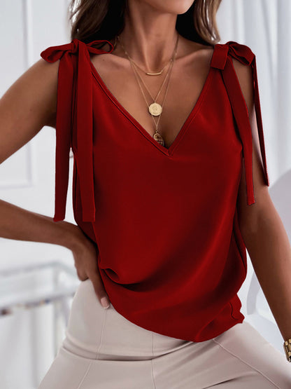 Einfarbiges Strick-Tanktop mit V-Ausschnitt und Schleife zum Schnüren für Damen 