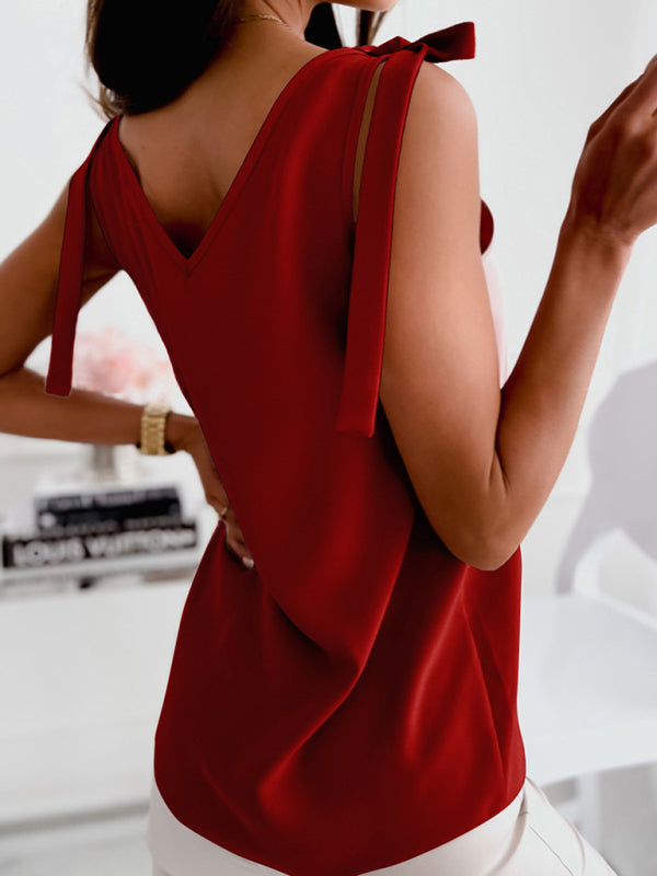 Einfarbiges Strick-Tanktop mit V-Ausschnitt und Schleife zum Schnüren für Damen 