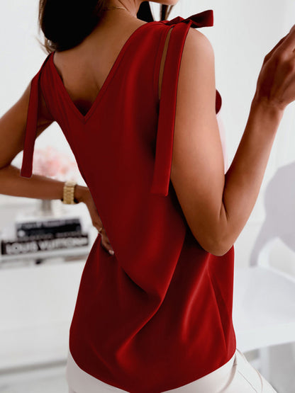 Einfarbiges Strick-Tanktop mit V-Ausschnitt und Schleife zum Schnüren für Damen 