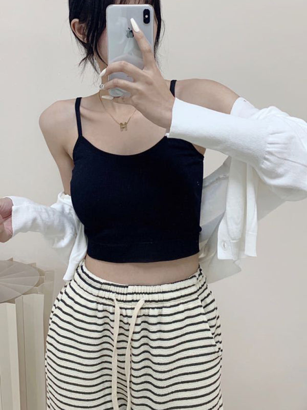 Einfarbiges, eng geripptes Crop-Top mit Rundhalsausschnitt für Damen 
