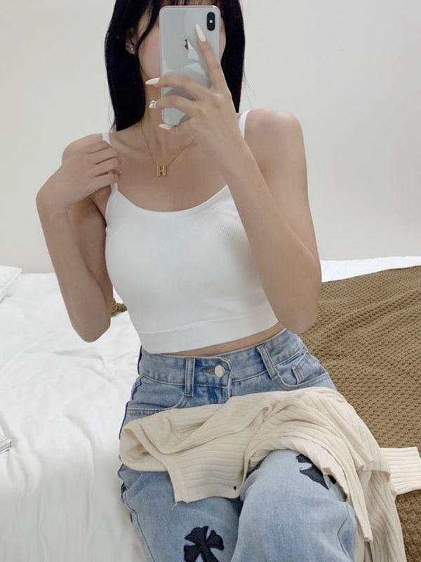 Einfarbiges, eng geripptes Crop-Top mit Rundhalsausschnitt für Damen 