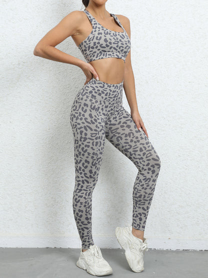 Damen-Kompressions-Crop-Top mit Leopardenmuster und Racerback-Schnitt und Hose mit hoher Taille 