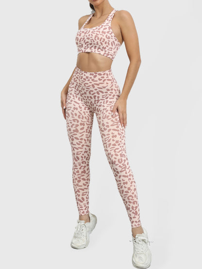 Damen-Kompressions-Crop-Top mit Leopardenmuster und Racerback-Schnitt und Hose mit hoher Taille 