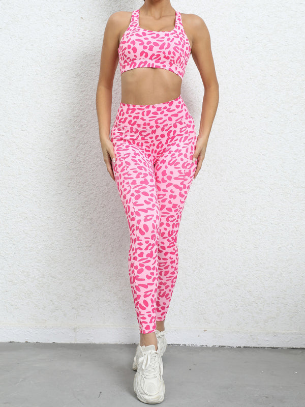 Damen-Kompressions-Crop-Top mit Leopardenmuster und Racerback-Schnitt und Hose mit hoher Taille 