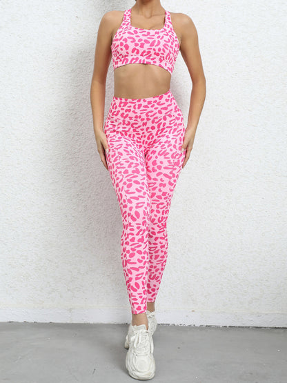 Damen-Kompressions-Crop-Top mit Leopardenmuster und Racerback-Schnitt und Hose mit hoher Taille 