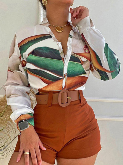 Digital Printing Stand Collar Long Sleeve Shirt Ladies Set