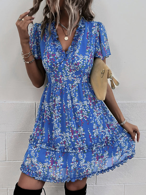 Damen Minikleid mit Blumenmuster und Flatterärmeln 