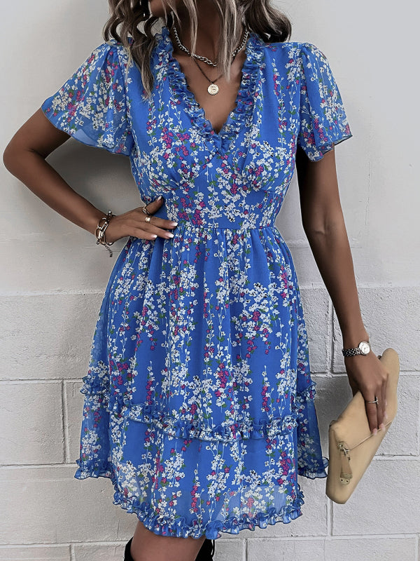 Damen Minikleid mit Blumenmuster und Flatterärmeln 