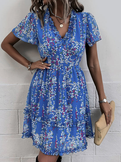 Damen Minikleid mit Blumenmuster und Flatterärmeln 