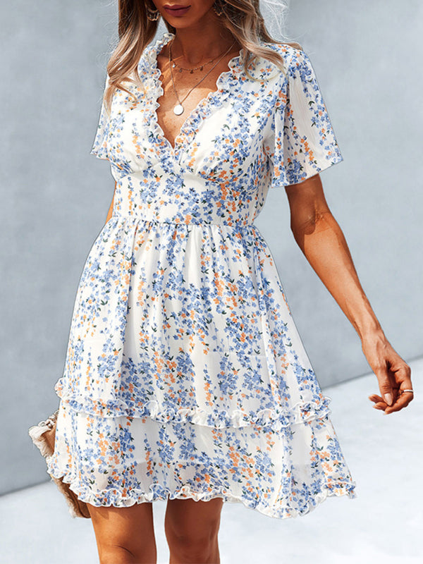 Damen Minikleid mit Blumenmuster und Flatterärmeln 