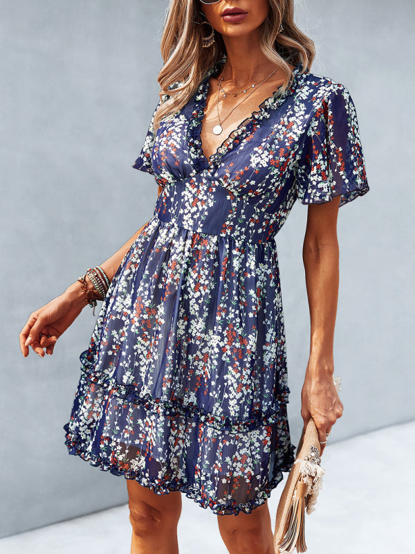 Damen Minikleid mit Blumenmuster und Flatterärmeln 