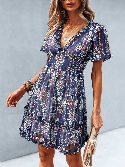 Damen Minikleid mit Blumenmuster und Flatterärmeln 