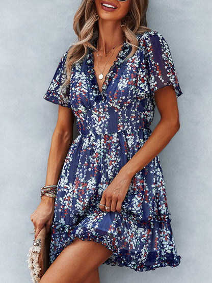 Damen Minikleid mit Blumenmuster und Flatterärmeln 