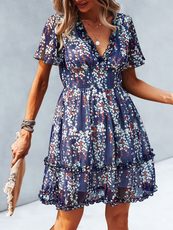 Damen Minikleid mit Blumenmuster und Flatterärmeln 