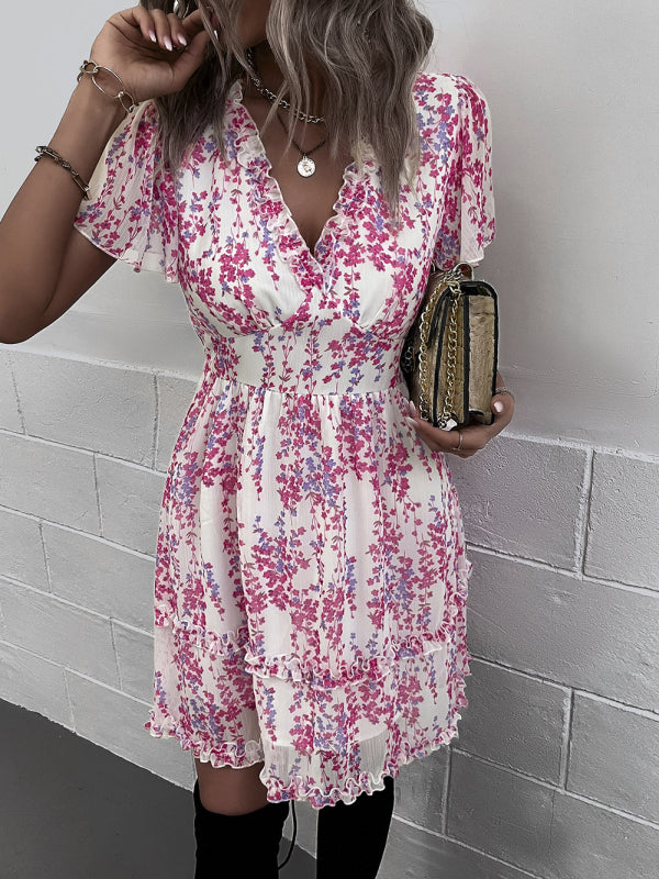 Damen Minikleid mit Blumenmuster und Flatterärmeln 