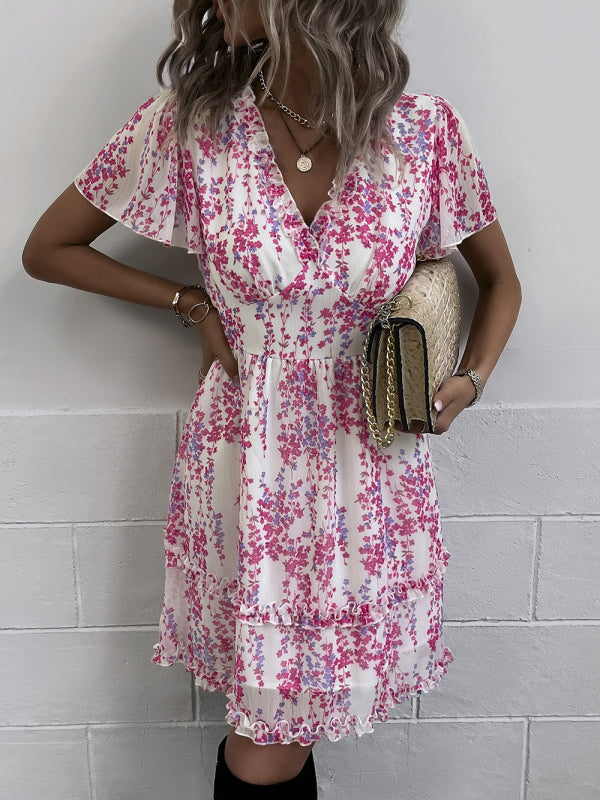Damen Minikleid mit Blumenmuster und Flatterärmeln 