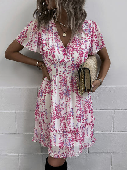 Damen Minikleid mit Blumenmuster und Flatterärmeln 