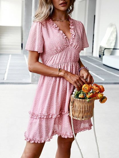 Damen Minikleid mit Blumenmuster und Flatterärmeln 