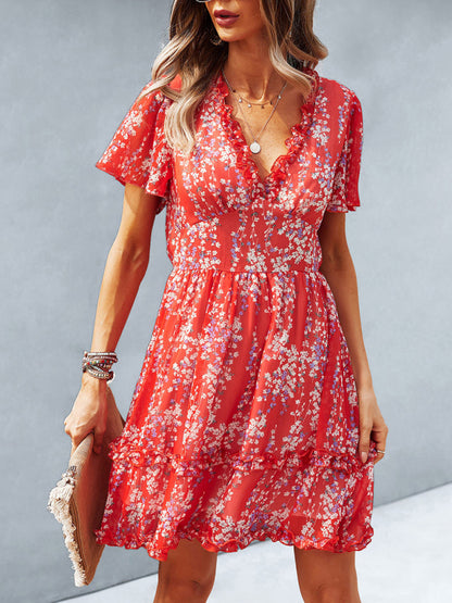 Damen Minikleid mit Blumenmuster und Flatterärmeln 