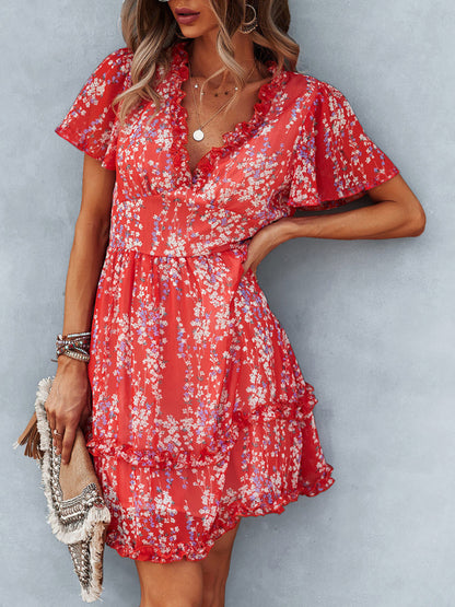 Damen Minikleid mit Blumenmuster und Flatterärmeln 