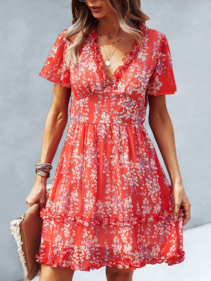 Damen Minikleid mit Blumenmuster und Flatterärmeln 