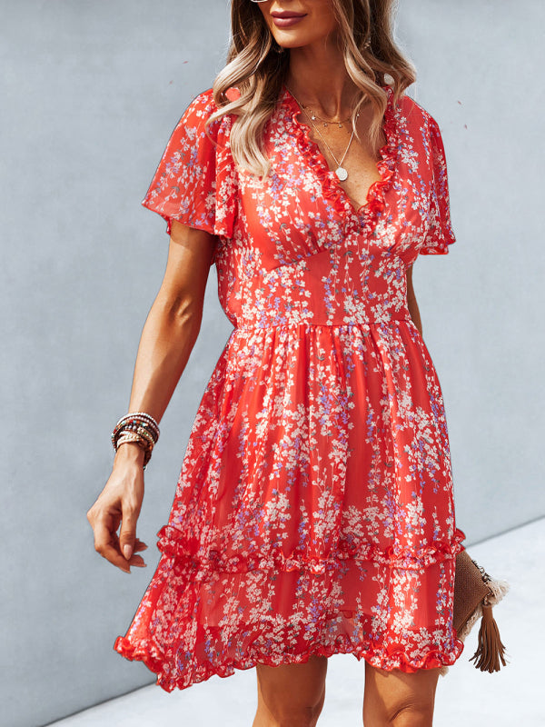 Damen Minikleid mit Blumenmuster und Flatterärmeln 