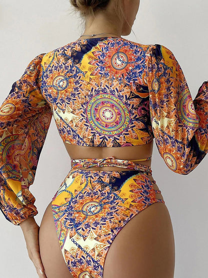 Langärmliges Bikini-Set aus Netzstoff mit ethnischem Aufdruck für Damen 