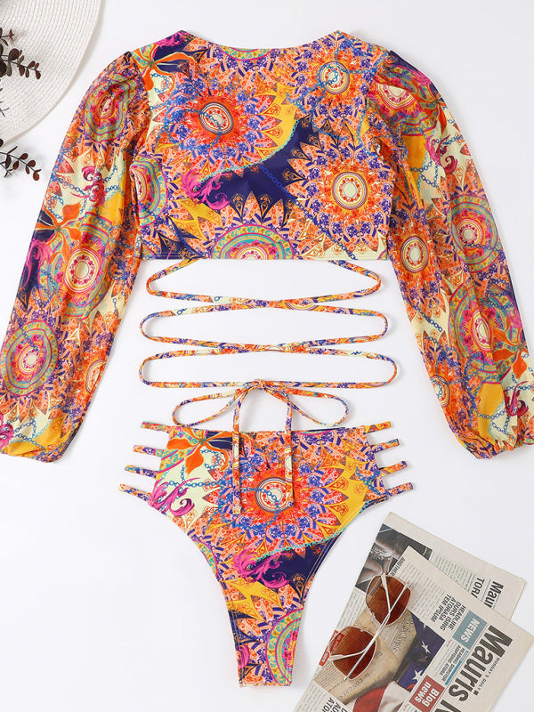 Langärmliges Bikini-Set aus Netzstoff mit ethnischem Aufdruck für Damen 