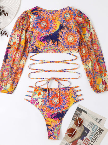 Langärmliges Bikini-Set aus Netzstoff mit ethnischem Aufdruck für Damen 